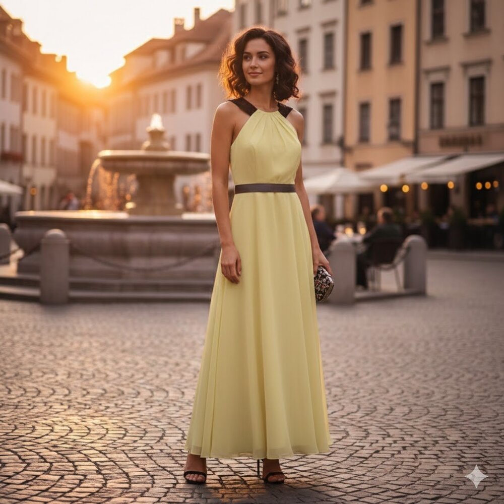 Yellow Chiffon Gown with Black Lace